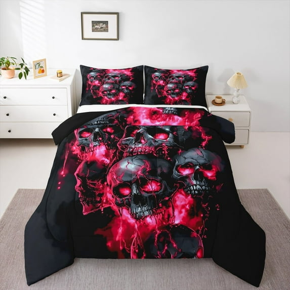 Manfei Spooky Halloween Skeleton Bedding Comforter Set,Horror Gothic Skull Twin Comforter Sets,Red Black Bedding Set For Boys Kids,Microfiber Bedroom Decor Reversible,2 Pieces