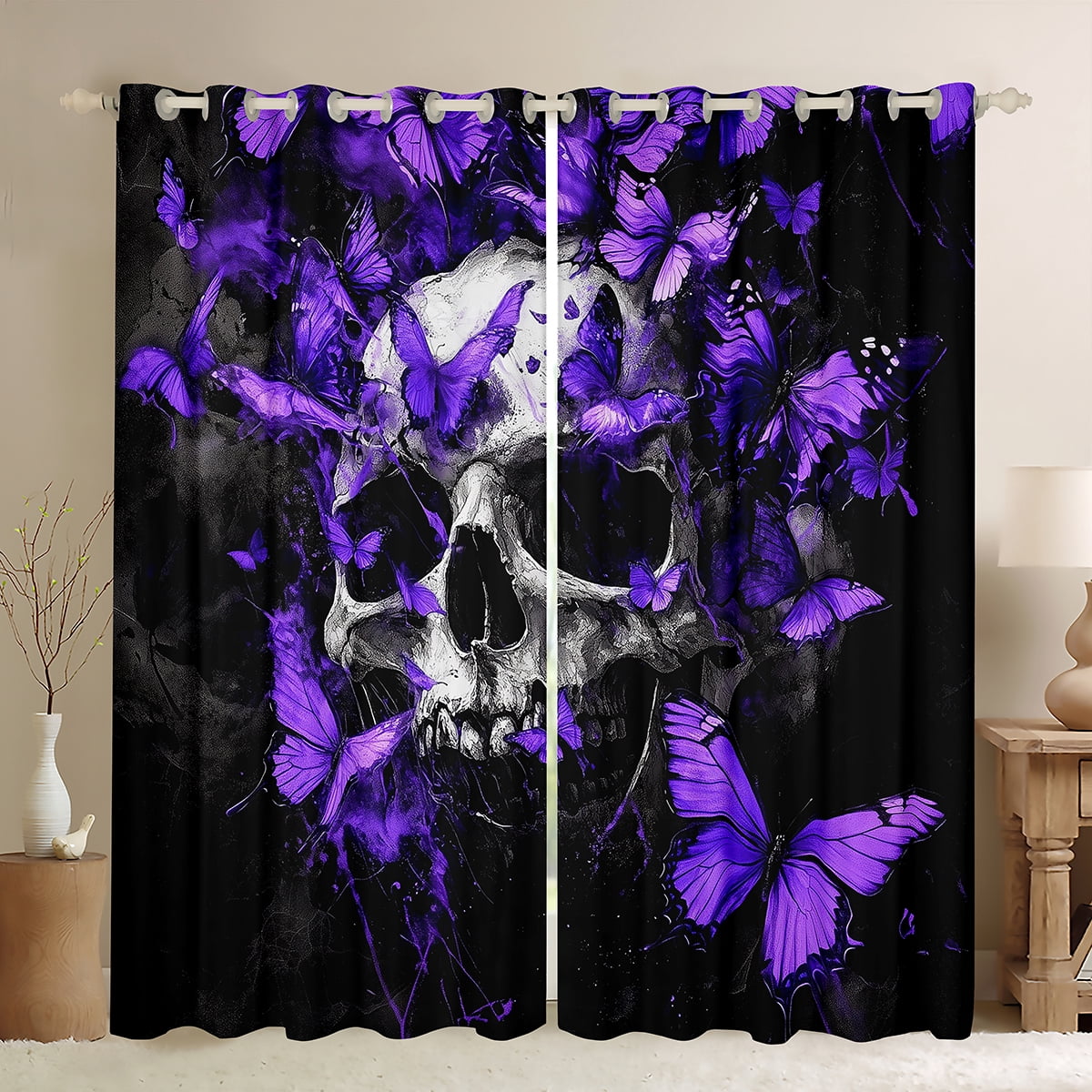 Manfei Spooky Halloween Skull Black Out Curtains,Cute Butterflies Curtains Pack of 2 (42x63 Each),Purple Black Bedroom Curtains For Girls Boys,Super Cozy Room Decor
