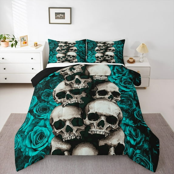 Manfei Spooky Halloween Skull King Size Comforter Sets,Gothic Skeleton Bedding Comforter Set,Cyan Flower Floral Bedding Set For Boys Girl,Microfiber Bedroom Decor Reversible,3 Pieces