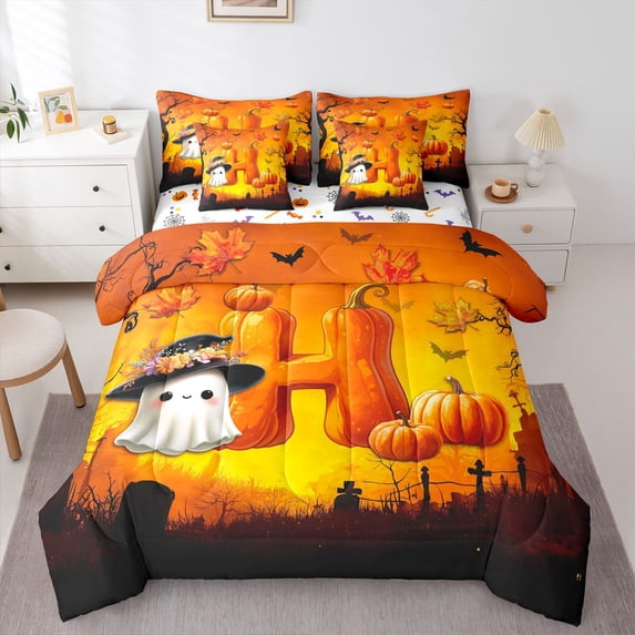 Manfei Spooky Halloween Theme 7-Piece Twin Bedding,Kawaii Ghosts Bedding Comforter Set,Orange,Halloween Reversible