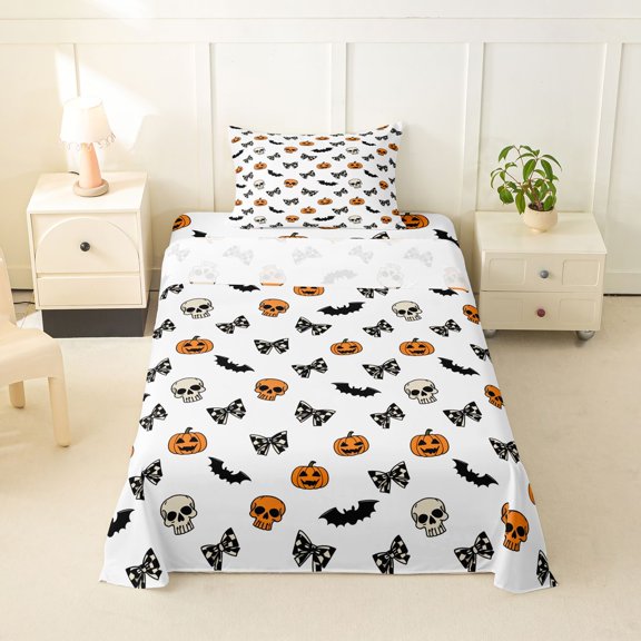 Manfei Spooky Halloween Theme Twin Sheets,Kawaii Bow Print Bedding,White,3-Piece,1 Fitted Sheet and 1 Pillowcase