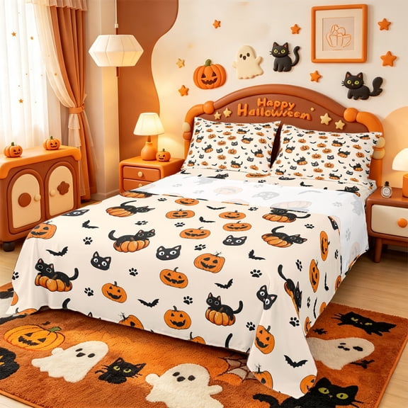Manfei Spooky Print Halloween Bed Sheets,Cartoon Black Cat Full Size Sheets,4 Pieces,1 Flat Sheet,1 Fitted Sheet and 2 Pillowcases