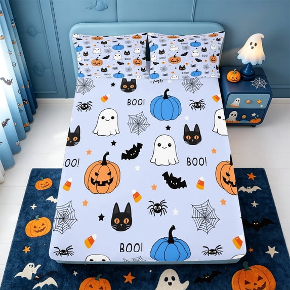 Manfei Spooky Print Halloween Fitted Sheet Full,Cartoon Ghost Pattern Bed Set,3 Pieces,1 Fitted Sheet and 2 Pillowcases