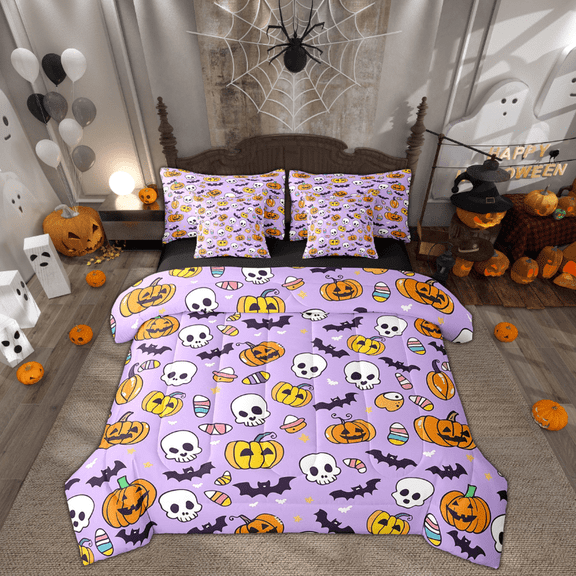 Manfei Spooky Pumpkin Bed in a Bag Twin size, Horror Halloween Bedding Sets Twin Size, Gothic Bat Print Reversible Bedding Twin Size, Super Cozy Bedroom Decorative, 7pcs