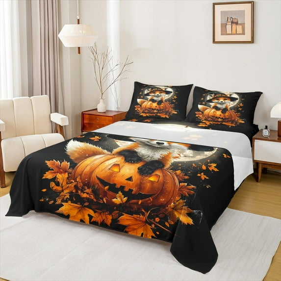 Manfei Spooky Pumpkin Bed Sheets Set Queen Size,Halloween Bedding Sets Queen Size,Cute Fox Bed Sheets Queen,Breathable Room Decoration,4pcs