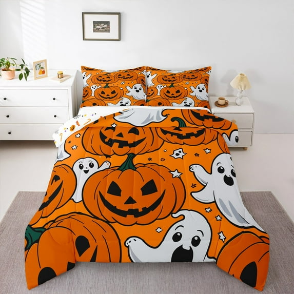 Manfei Spooky Pumpkin Bedding Queen Comforter Set, Gothic Ghost Down Comforter, Horror Halloween Reversible Duvet Insert, Ultra Soft Bedroom Decoration, 3pcs