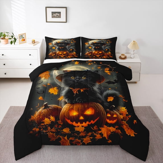 Manfei Spooky Pumpkin Bedding Sets Full with Comforter,Halloween Duvet Insert,Cute Pet Cat Comforter Sets Full Size,Breathable Room Decoration Reversible,3pcs