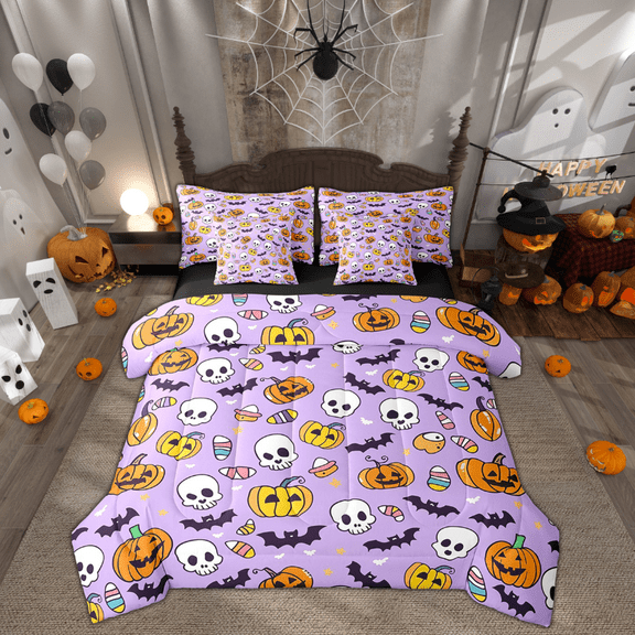 Manfei Spooky Pumpkin Bedding Sets King Size, Horror Halloween Bed in a Bag King size, Gothic Bat Print Reversible Comforter Sets with Sheets, Super Cozy Bedroom Decorative, 7pcs