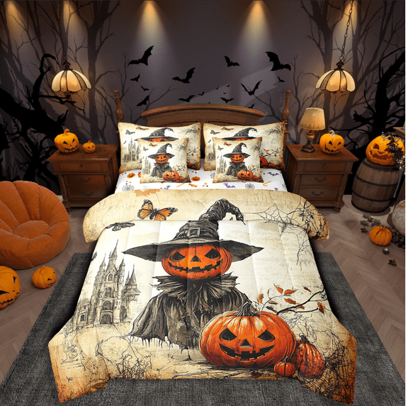 Manfei Spooky Pumpkin Bedding Sets Twin Size,Vintage Castle Comforter Sets with Sheets,Happy Halloween Bed in a Bag Twin size,Breathable Festival Room Decorative,Reversible,7-Piece
