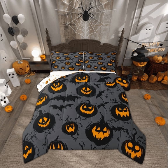 Manfei Spooky Pumpkin Comforter Sets Queen Size, Horror Halloween Down Comforter, Gothic Bat Print Reversible Bedding Queen Comforter Set, Super Cozy Bedroom Decorative, 3pcs