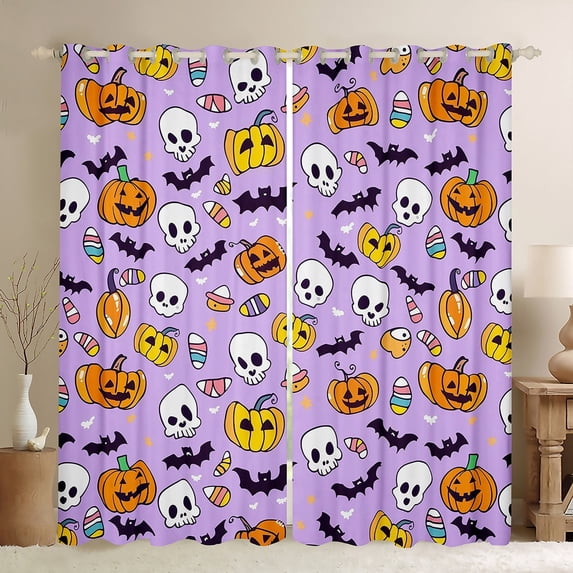 Manfei Spooky Pumpkin Curtains for Living Room, Horror Halloween Blackout Curtains Set of 2 (52x84), Gothic Bat Print Curtains and Drapes (52x84), Window Curtains Bedroom Decorative