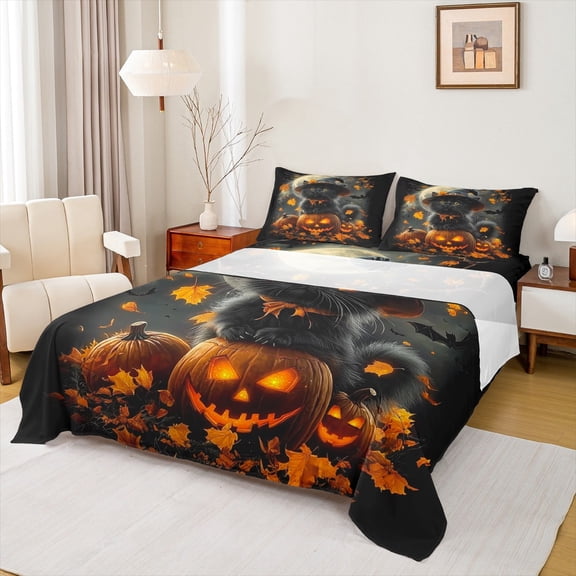 Manfei Spooky Pumpkin Full Sheet Sets,Halloween Bedding Full Size,Cute Pet Cat Bed Sheets Set Full Size,Breathable Room Decoration,4 Pieces