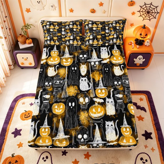 Manfei Spooky Pumpkin Lantern Fitted Sheet Queen,Bat Silhouette Print Halloween Bedding,3 Pieces,1 Fitted Sheet and 2 Pillowcases
