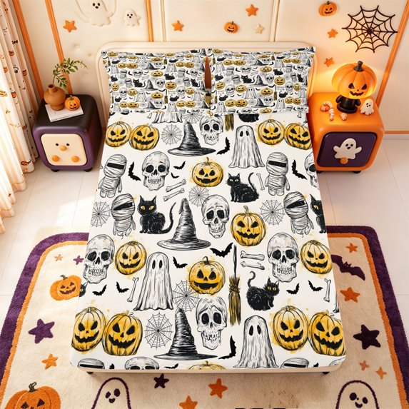 Manfei Spooky Pumpkin Lantern Fitted Sheet Queen,Magic Ghost Halloween Bedding,3 Pieces,1 Fitted Sheet and 2 Pillowcases