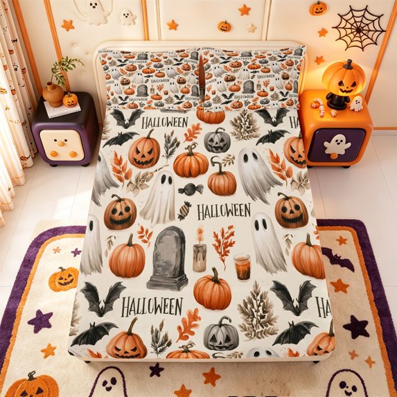 Manfei Spooky Pumpkin Lantern Fitted Sheet Queen,Magic Witch Pattern Halloween Bedding,3-Piece,1 Fitted Sheet and 2 Pillowcases