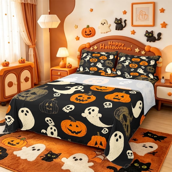 Manfei Spooky Pumpkin Lantern King Sheets,Ghost And Bat Halloween Bedding,4 Pieces,1 Flat Sheet,1 Fitted Sheet and 2 Pillowcases