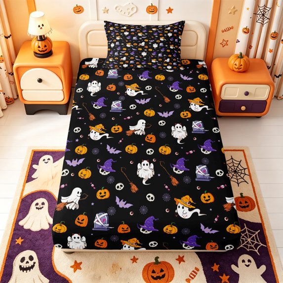 Manfei Spooky Pumpkin Lantern Twin Fitted Sheet,Bat And Skull Halloween Bedding,2 Pieces,1 Fitted Sheet and 1 Pillowcase