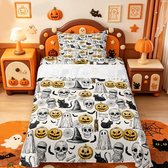 Manfei Spooky Pumpkin Lantern Twin Sheets,Magic Ghost Halloween Bedding,3pcs,1 Flat Sheet,1 Fitted Sheet and 1 Pillowcase