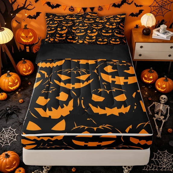 Manfei Spooky Pumpkin Print Zipper Twin Comforter Sets with Fitted Sheet and 2 Pillowcases for Kids, Black Orange Halloween Theme Zipper Bedding Set, Black Reversible, 4 Pieces
