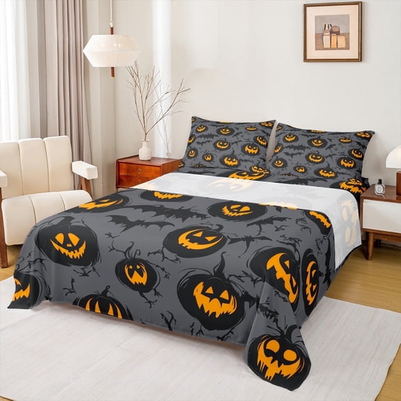 Manfei Spooky Pumpkin Sheet Set Queen, Horror Halloween Bed Sheets Set Queen Size, Gothic Bat Print Queen Sheet Sets, Super Cozy Bedroom Decorative, 4pcs
