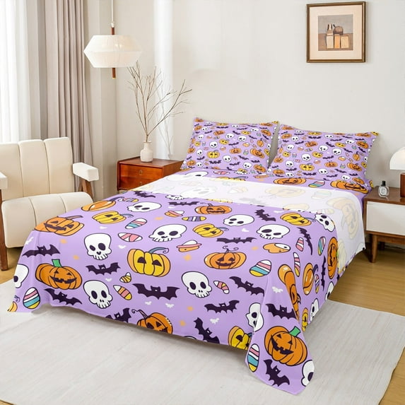 Manfei Spooky Pumpkin Sheet Set Queen, Horror Halloween Bed Sheets Set Queen Size, Gothic Bat Print Queen Sheet Sets, Super Cozy Bedroom Decorative, 4pcs