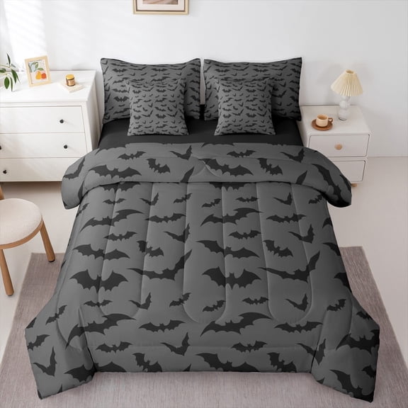 Manfei Spooky Purple Bats Bedding Comforter Set 7pcs,Happy Halloween Day Queen Bedding Sets,Gray Black Queen Sheet Sets For Boys Kids,Luxury Bedroom Decor Reversible