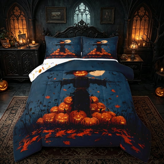Manfei Spooky Scarecrow Print Queen Comforter Set for Kids, Blue Night Halloween Pumpkin Comforter Sets Queen, Halloween Reversible, 3 Pieces, 1 Comforter and 2 Pillowcases