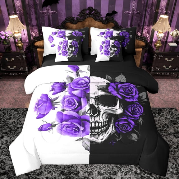 Manfei Spooky Skeleton 7-Piece Twin Bedding Sets,Gothic Theme Bedding Comforter Set,Purple Flower Floral Sheet Sets For Men Women,Super Cozy Room Decor Reversible