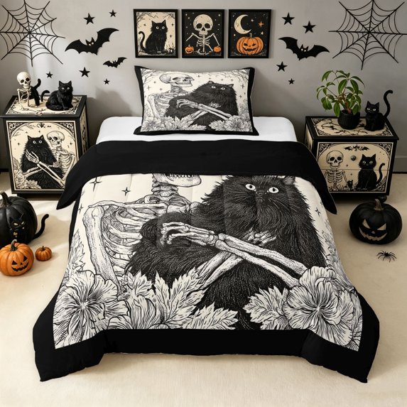 Manfei Spooky Skeleton Art Twin Comforter Sets, Halloween Black Cat Bedding Set, Black Cream, Black Reversible, 2-Piece, 1 Comforter and 1 Pillowcase