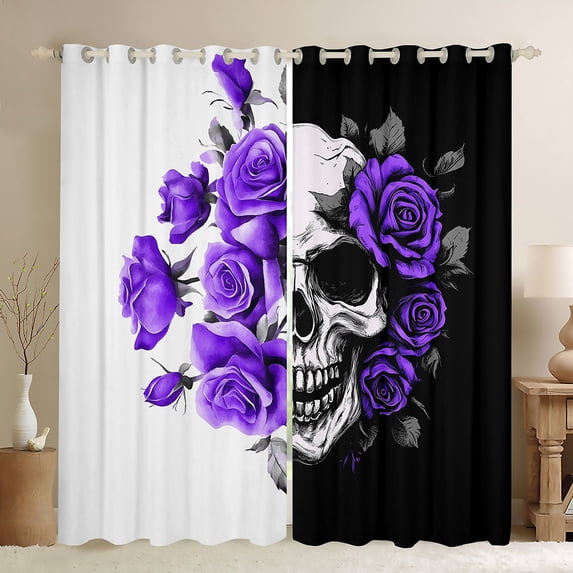 Manfei Spooky Skeleton Curtains Pack of 2 (42x84 Each),Gothic Theme Curtains Blackout,Purple Flower Floral Bedroom Curtains For Men Women,Super Cozy Room Decor