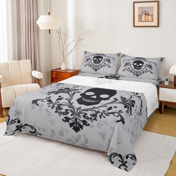 Manfei Spooky Skeleton Skull Queen Sheet Sets, Damask Flower Print Flat Sheet, Vintage Western Bohemian Queen Fitted Sheet, Microfiber Bedroom Decor, 4pcs