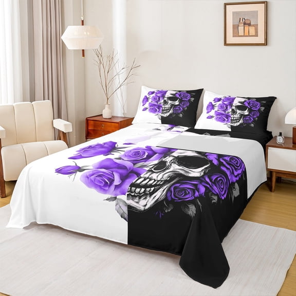 Manfei Spooky Skeleton Twin Sheet Sets,Gothic Theme Twin Fitted Sheet,Purple Flower Floral Flat Sheet For Men Women,Super Cozy Room Decor,3-Piece