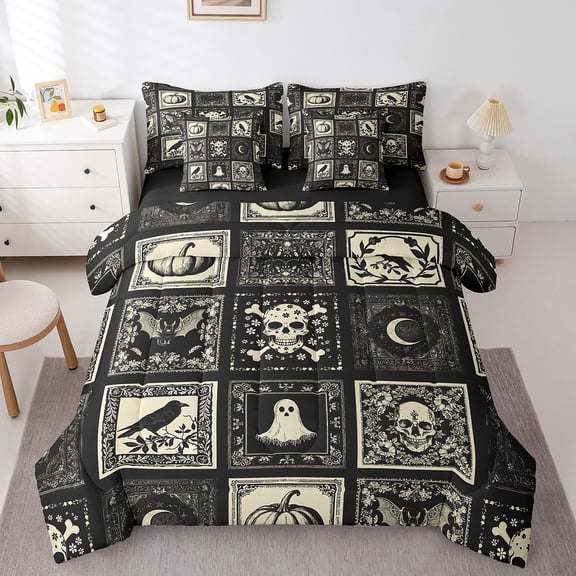 Manfei Spooky Skull Ghost Bedding Comforter Set 7 Pieces,Gothic Theme King Bedding Sets,Geometric Patchwork Plaid Bed Sheets,Ultra Soft Bedroom Decoration Reversible