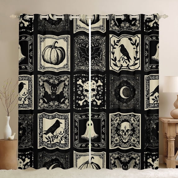 Manfei Spooky Skull Ghost Curtains Pack of 2 (42x84 Each),Gothic Theme Curtains Blackout,Geometric Patchwork Plaid Bedroom Curtains,Ultra Soft Bedroom Decoration