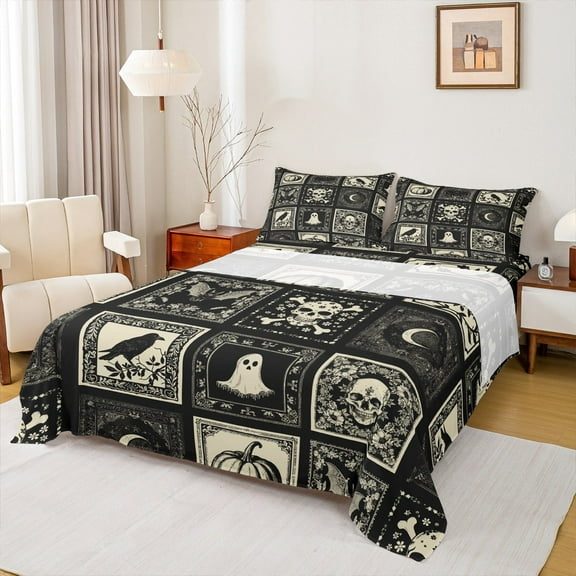 Manfei Spooky Skull Ghost Queen Sheet Sets,Gothic Theme Flat Sheet,Geometric Patchwork Plaid Queen Fitted Sheet,Ultra Soft Bedroom Decoration,4-Piece