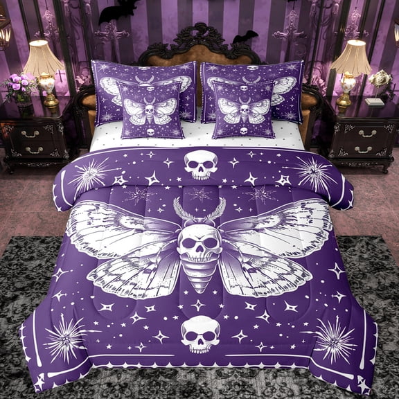 Manfei Spooky Skull Moth 7-Piece Bedding Comforter Set,bohemian Exotic Style King Bedding Sets,Purple White Bed Sheets For Men Women,Luxury Bedroom Decor Reversible