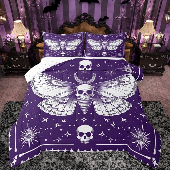 Manfei Spooky Skull Moth Bedding Comforter Set,bohemian Exotic Style Twin Comforter Sets,Purple White Bedding Set For Men Women,Luxury Bedroom Decor Reversible,2pcs