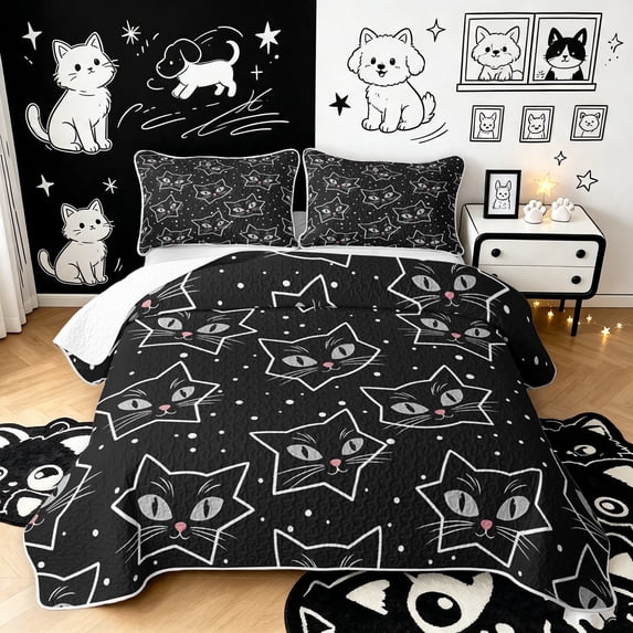 Manfei Spooky Star Cat Bed Spread Queen, Dotted Galaxy Queen Coverlet Set, Black White, 3pcs, 1 Quilt and 2 Pillowcases