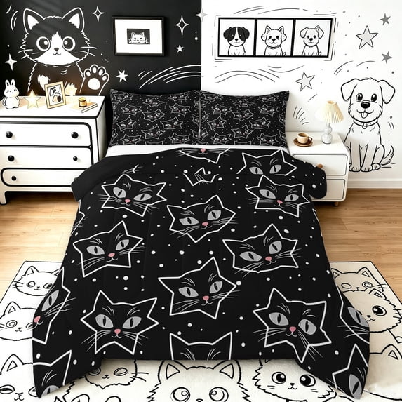 Manfei Spooky Star Cat Full Size Comforter Sets, Dotted Galaxy Bedding Comforter Set, Black White, Black Reversible, 3pcs, 1 Comforter and 2 Pillowcases