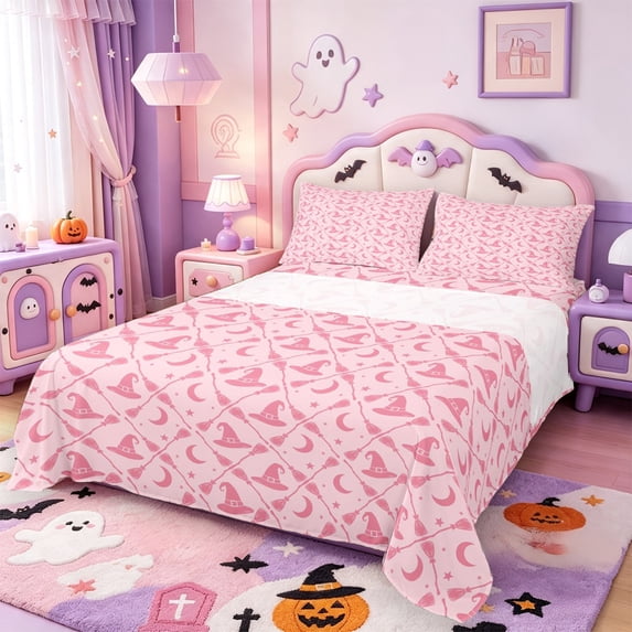 Manfei Spooky Witch Pattern Queen Sheets,Halloween Themed Queen Sheet Sets,4pcs,1 Flat Sheet,1 Fitted Sheet and 2 Pillowcases