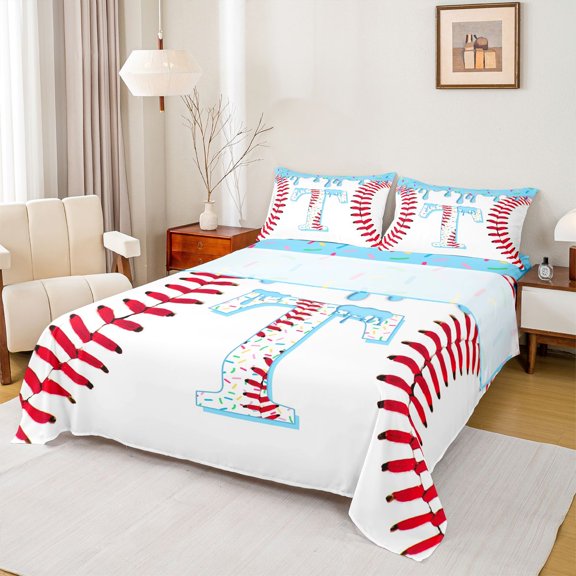 Manfei Sport Baseball Bed Sheets 4pcs,Letter Monogrammed T King Sheets