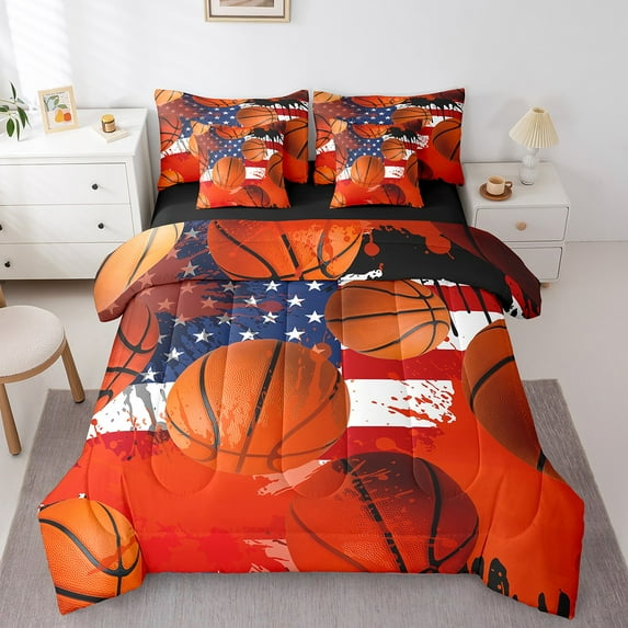 Manfei Sport Basketball 7pcs Bedding Comforter Set,American Flag Queen Bedding Sets Super Cozy,Watercolor Splash Queen Sheet Sets,Microfiber Sport Room Decorative,Reversible