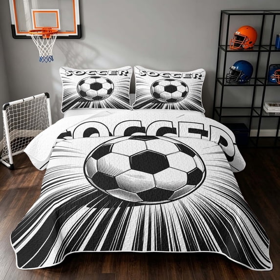 Manfei Sport Bed Spread Queen, Football Queen Coverlet Set, Black White, Reversible 3 Pieces, 1 Quilt and 2 Pillowcases