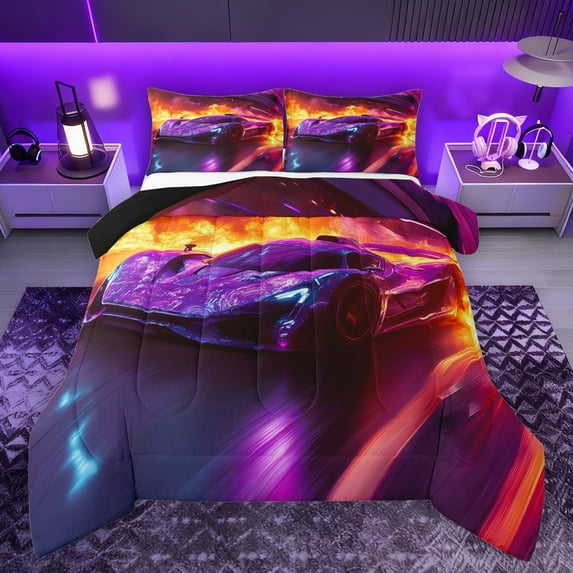 Manfei Sport Car Bedding Comforter Set,Extreme Game Twin Comforter Sets,Purple Red Orange Bedding Set For Boys,Microfiber Bedroom Decor Reversible,2 Pieces