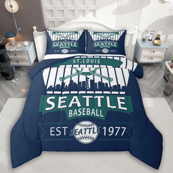Manfei Sport City Slihouette Bedding Comforter Set,Seattle Twin Comforter Sets,Kids Baseball Bedding Set For Child,Luxury Bedroom Decor Reversible,2 Pieces