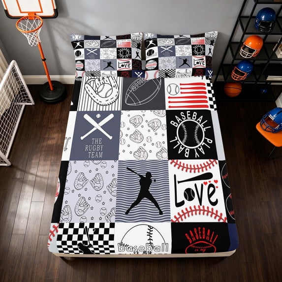 Manfei Sport Fitted Sheet Full, Baseball Game Bed Set, Black Gray 3-Piece, 1 Fitted Sheet and 2 Pillowcases