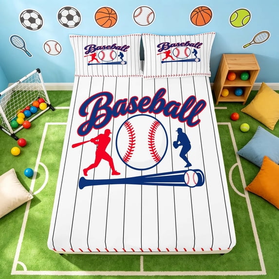 Manfei Sport Fitted Sheet Full, Baseball Gaming Bed Set, Red Navy White 3pcs, 1 Fitted Sheet and 2 Pillowcases