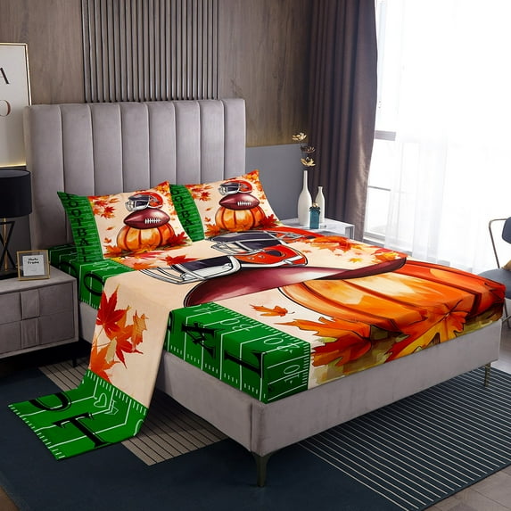 Manfei Sport Footabll Full Sheet Sets,Orange Pumpkin Bedding Full Size,Thanksgiving Day Bed Sheets Set Full Size,Lightweight Ball Gamer Bedroom Decorative,4-Piece