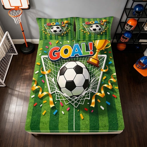 Manfei Sport Football Fitted Sheet Full, Goal Print Bed Set, Green Gold Multicolor 3pcs, 1 Fitted Sheet and 2 Pillowcases