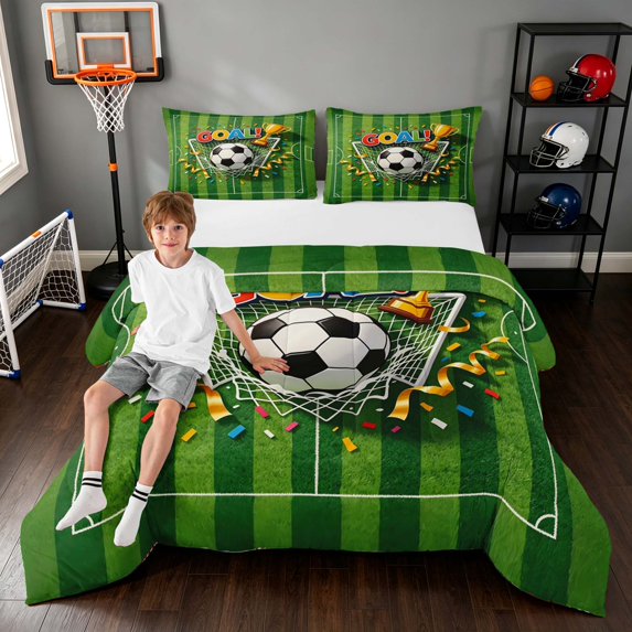 Manfei Sport Football King Size Comforter Sets, Goal Print Comforters King Size, Green Gold Multicolor, Black Reversible 3pcs 1 Comforter and 2 Pillowcases